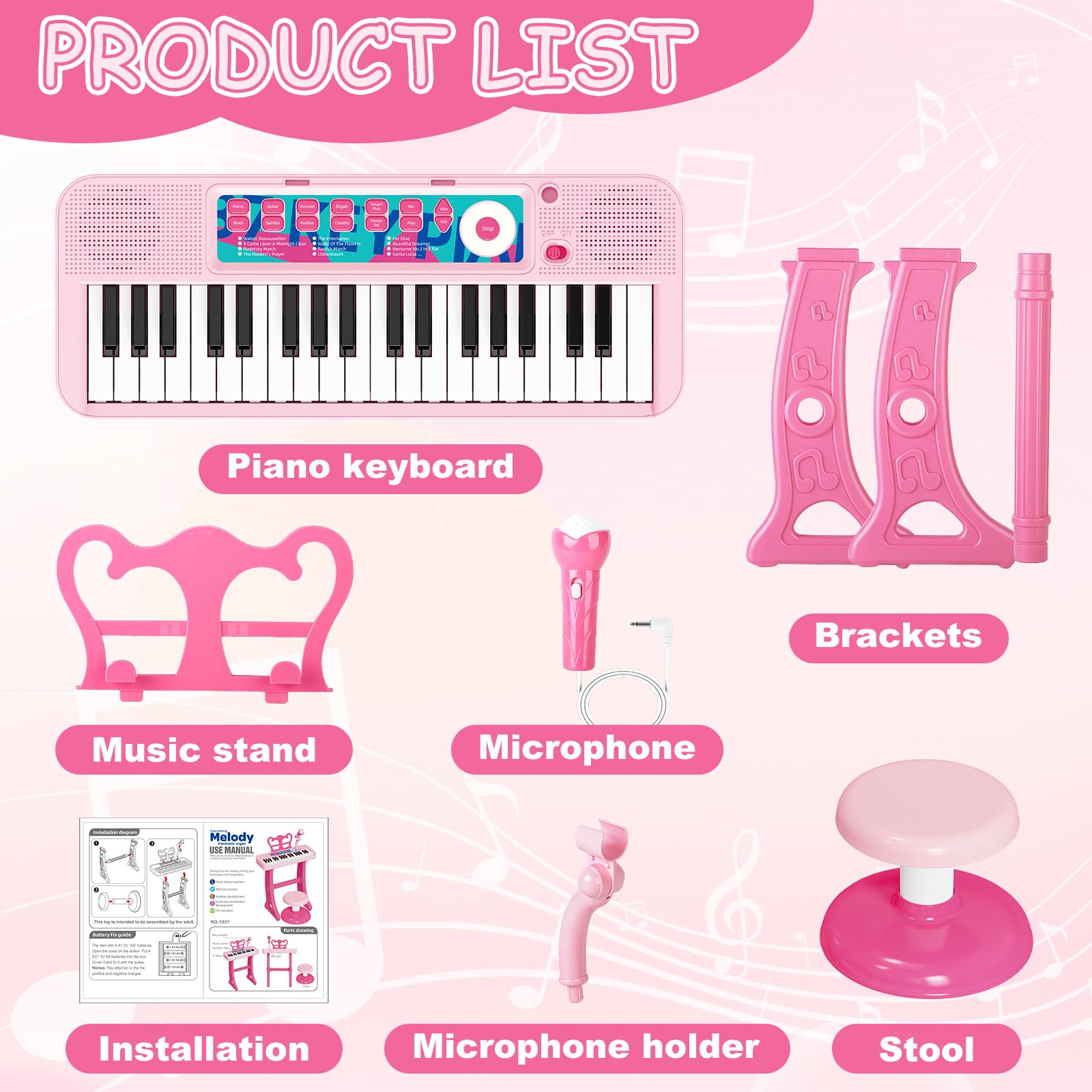 NEUBSAW pink electronic keyboard toy with sheet music stand close up view