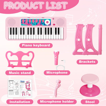 NEUBSAW pink electronic keyboard toy with sheet music stand close up view