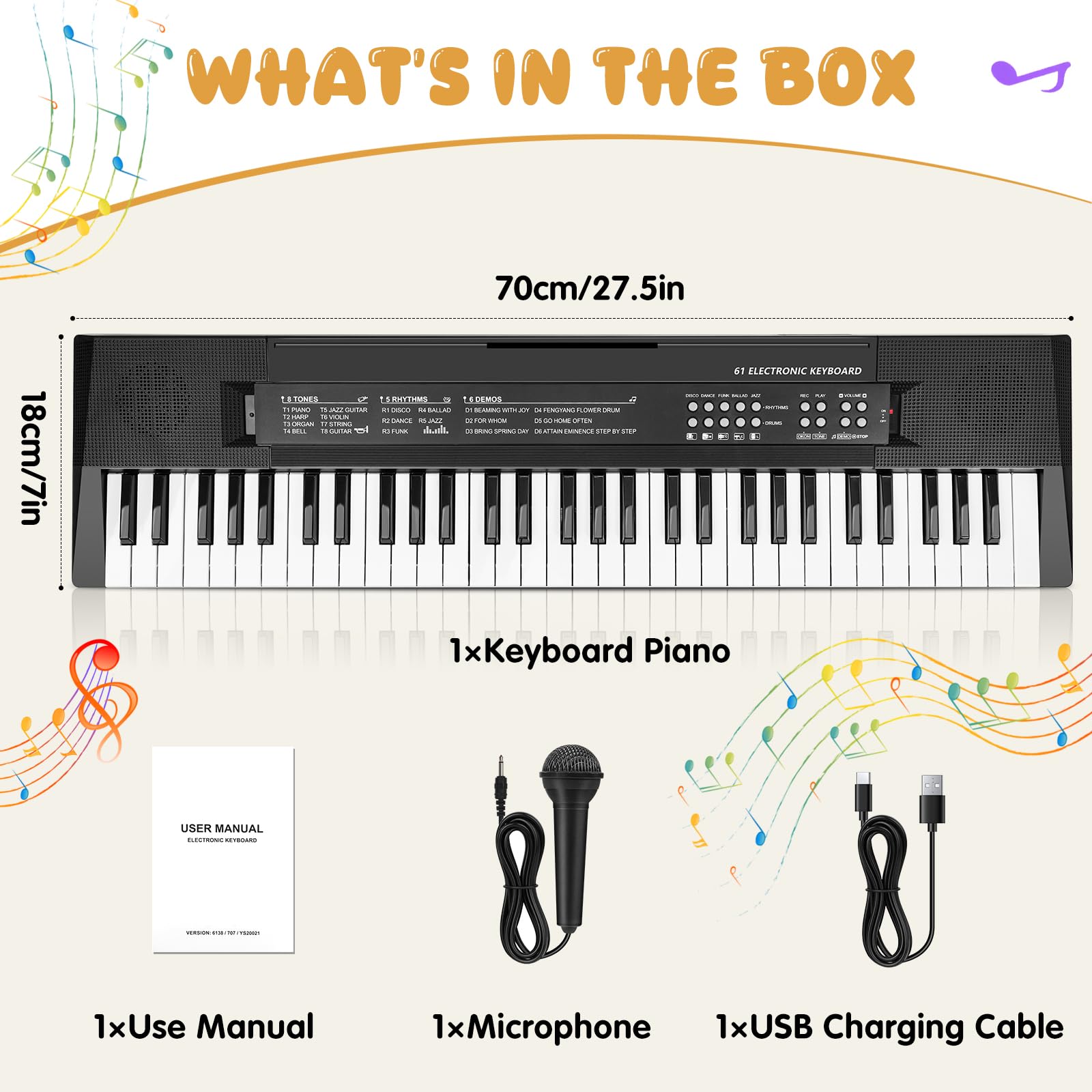 MusicForset 61 keys kids piano keyboard toy packaging box and specifications visual