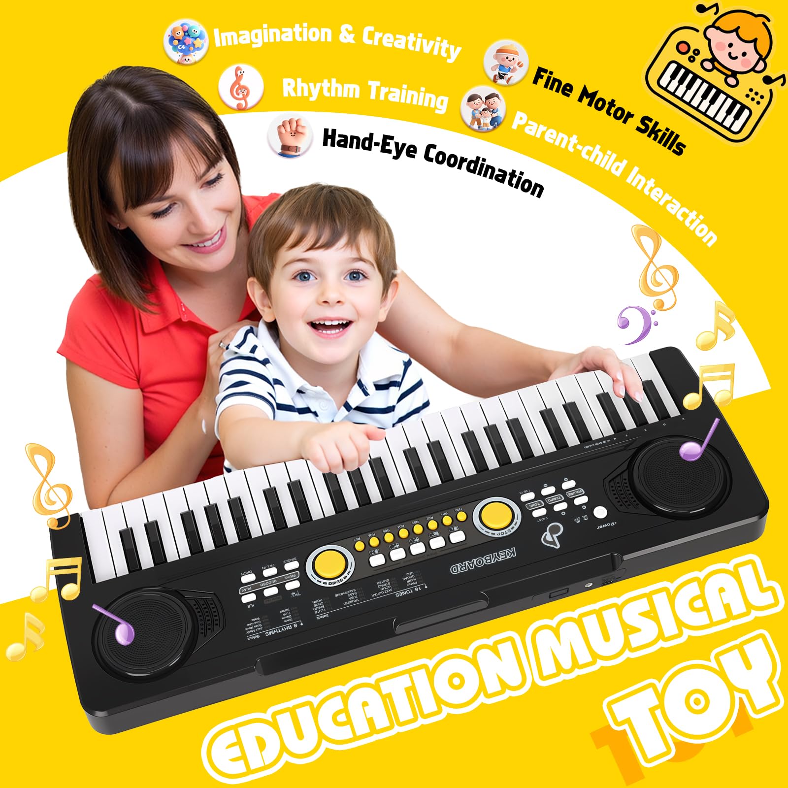 Drmukie kids electronic keyboard instrument showing tone and rhythm selection buttons
