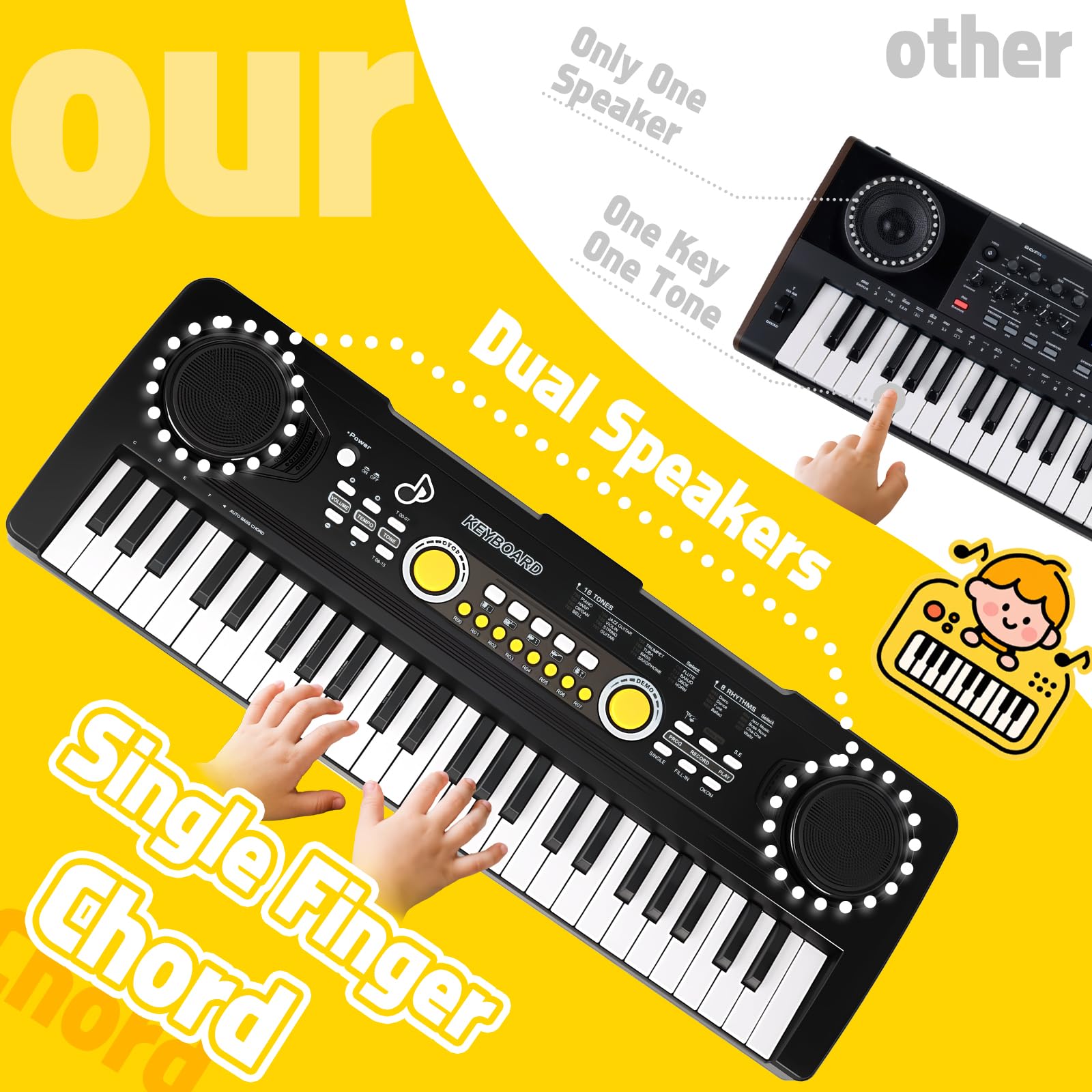 Drmukie portable musical toy piano showing the rear power ports and battery compartment