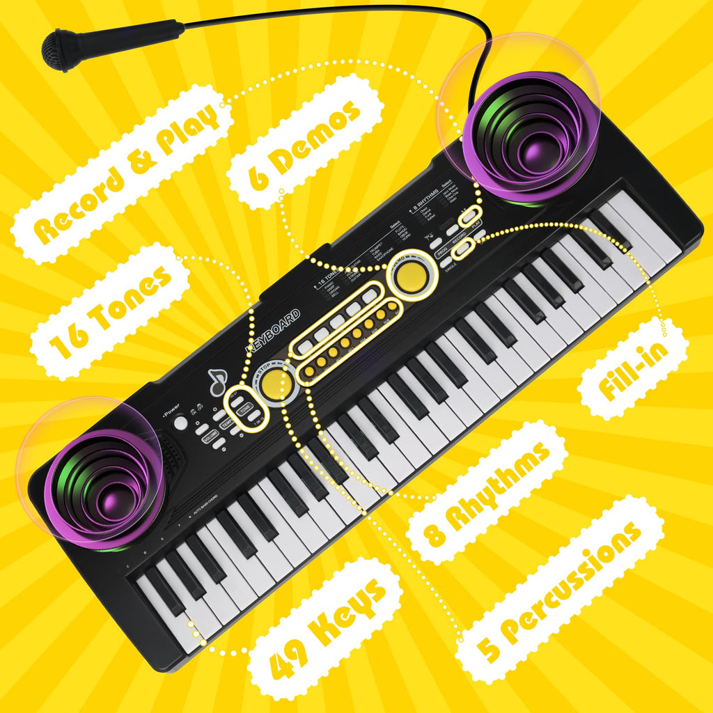 Drmukie beginner piano keyboard with forty nine keys and the included black wired microphone