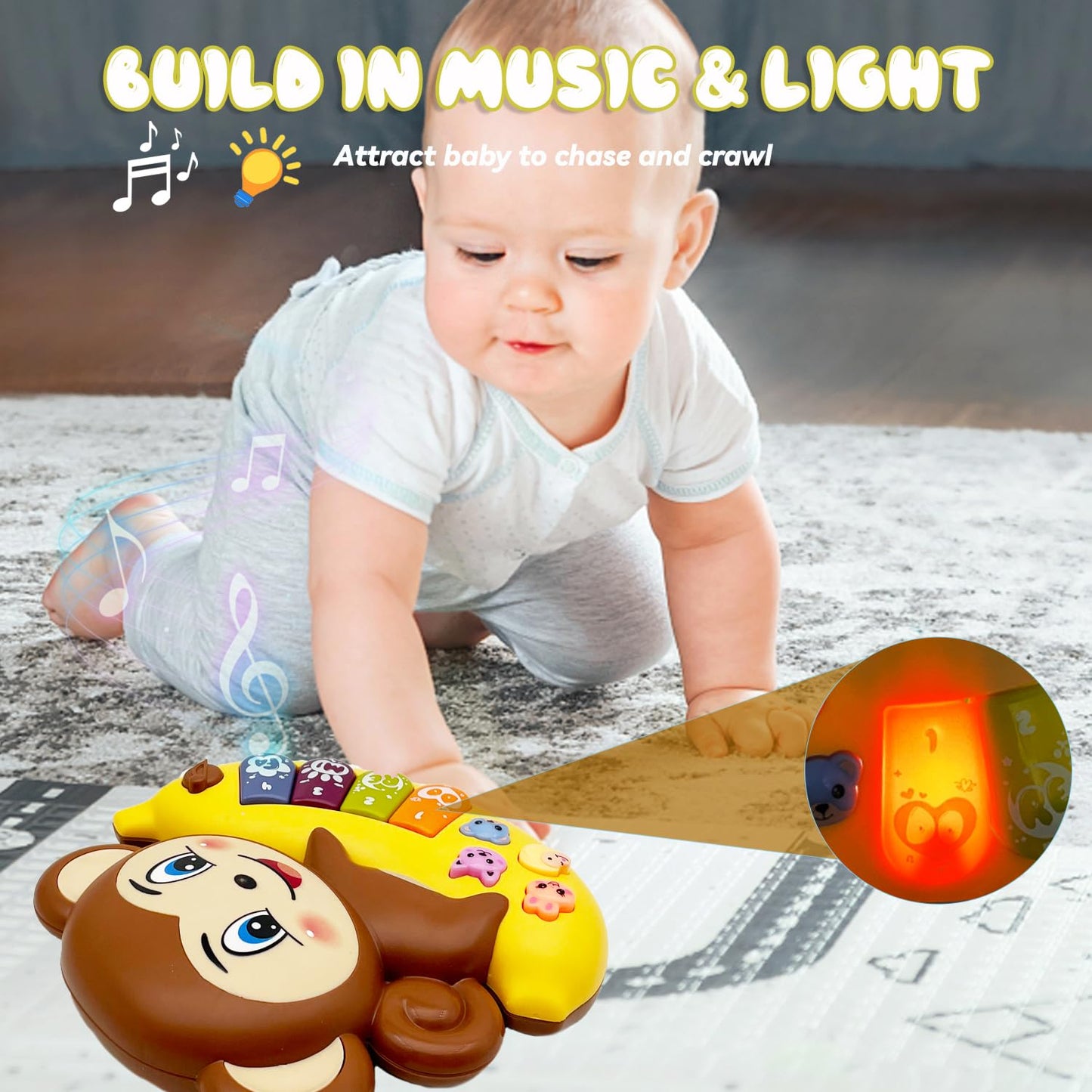 Close up view of the interactive animal sound buttons on the electronic infant learning keyboard.