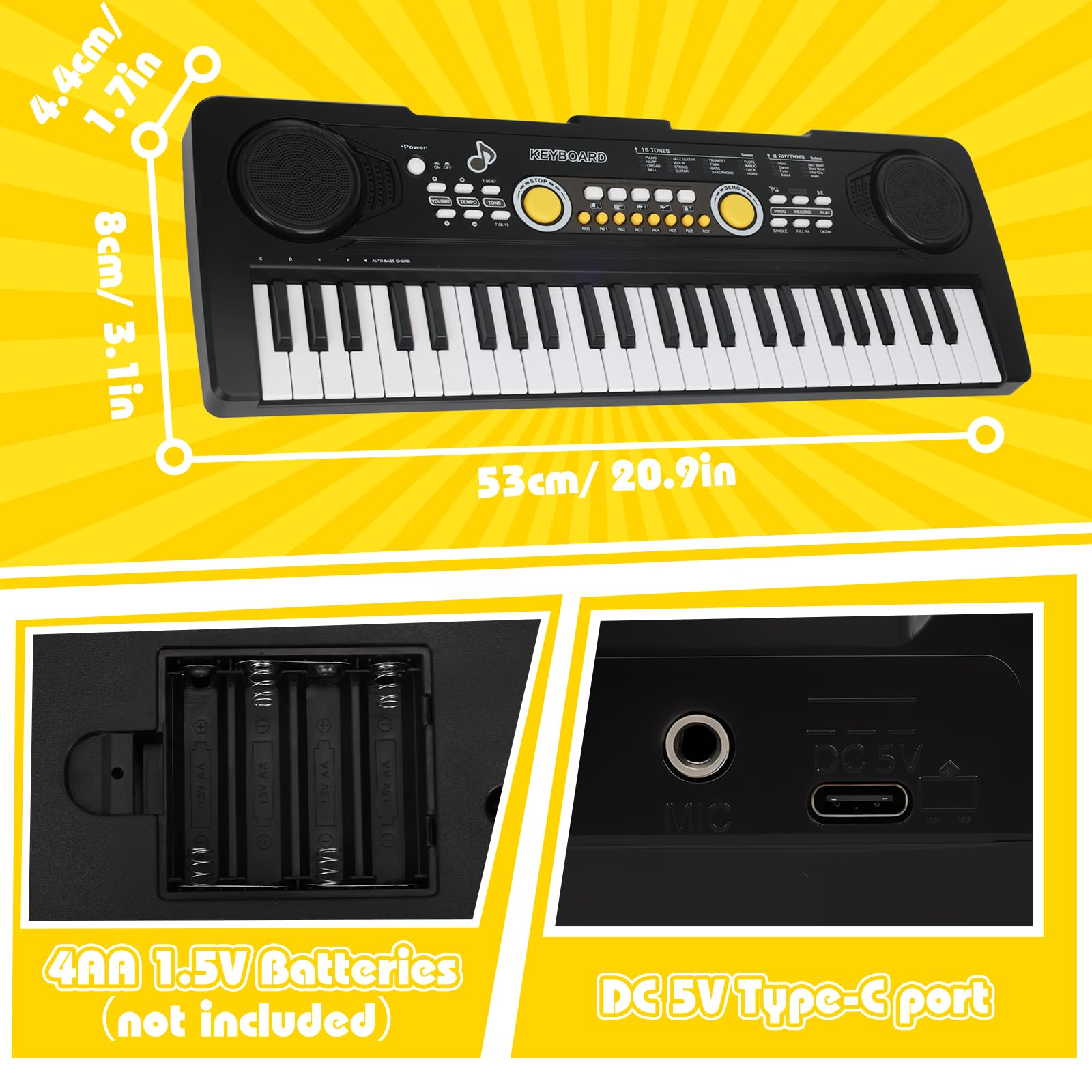 Drmukie kids electronic piano keyboard angled view showing smooth keys for toddlers