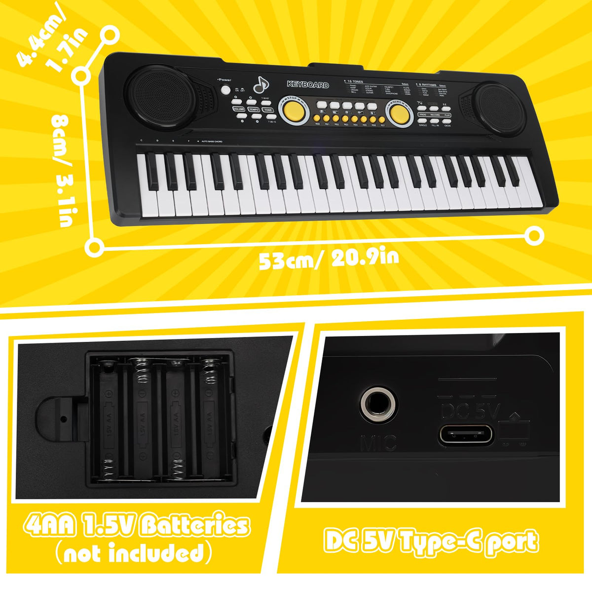 Drmukie kids electronic piano keyboard angled view showing smooth keys for toddlers