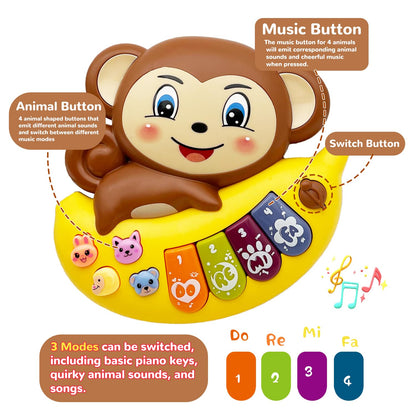 Toddler educational piano instrument displaying the compact lightweight handle structure for portable play.