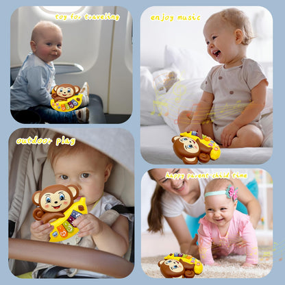 Side angle of the monkey cartoon musical toy highlighting the smooth edges and durable plastic construction.