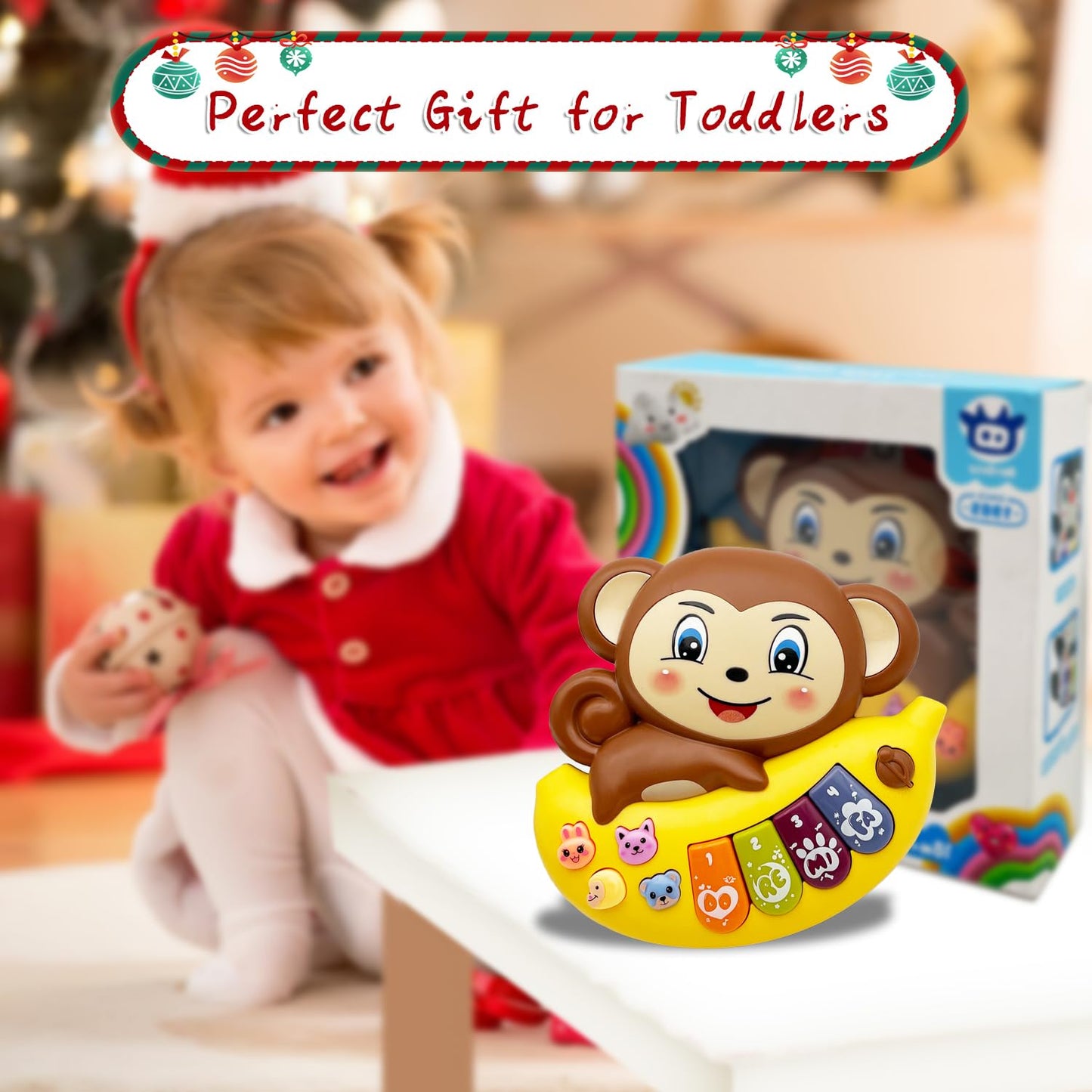 Packaging presentation of the Brother Toys electronic monkey piano showing the full retail display box.
