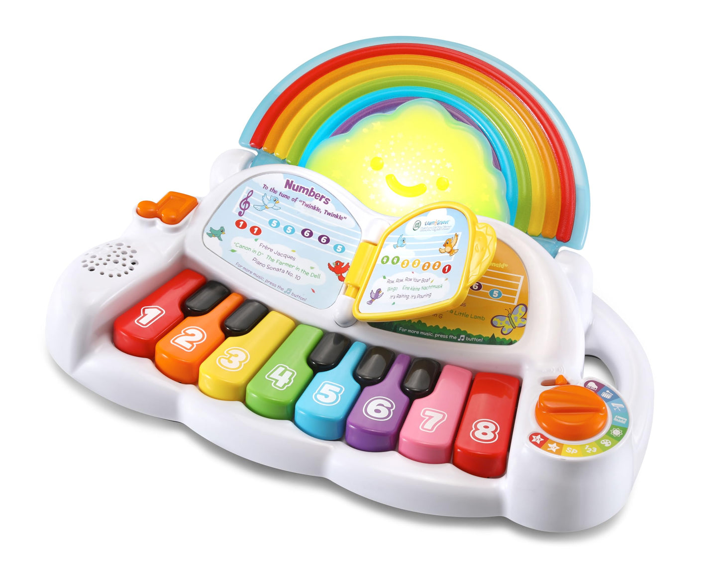 LeapFrog interactive toddler piano showcasing the attached four-page sheet music book details.