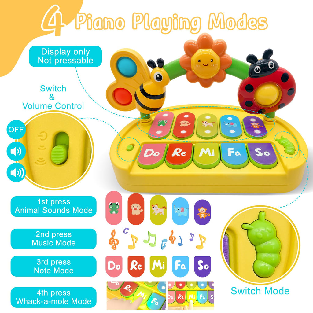 Close up view of the durable ABS plastic musical toy for toddlers highlighting the ladybug toggle bead