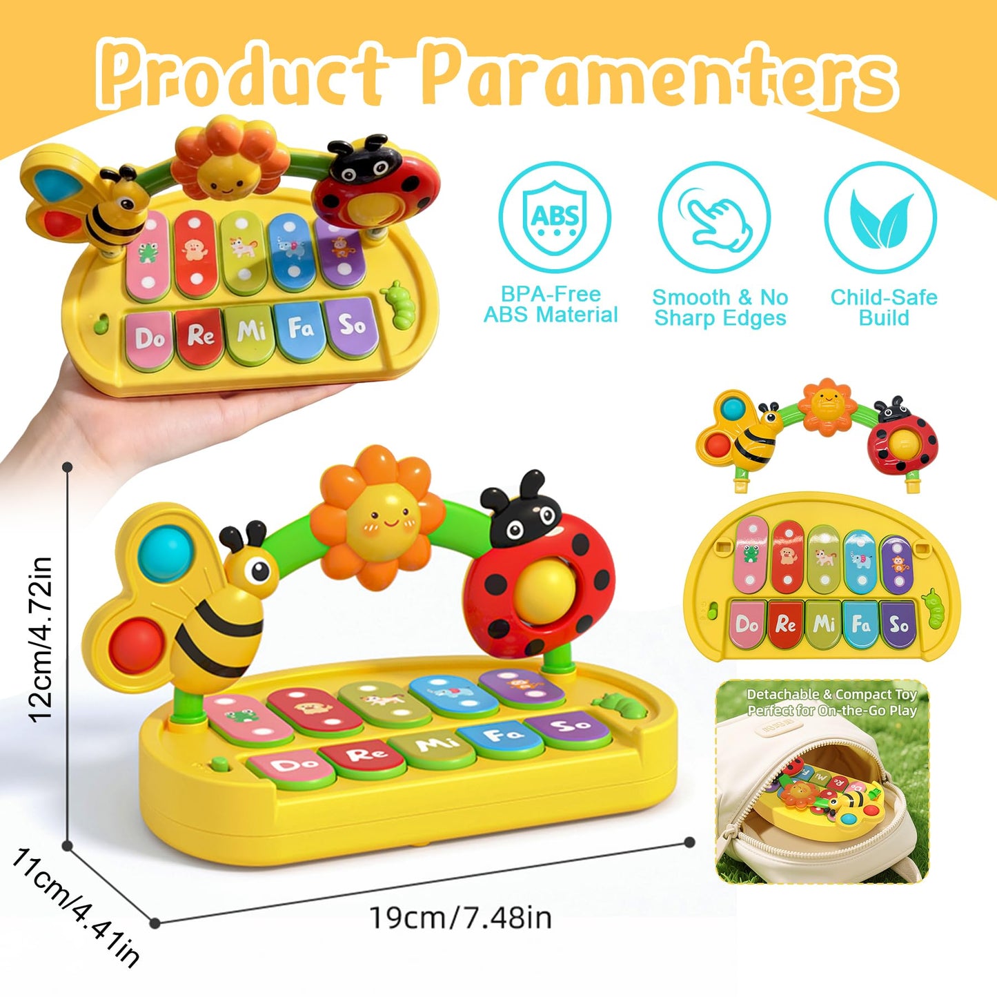 Interactive four mode infant piano demonstrating the whack a mole game layout and animal sounds interface