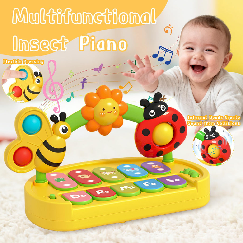 Side view of the lightweight small musical piano illustrating the smooth rounded edges for infant safety