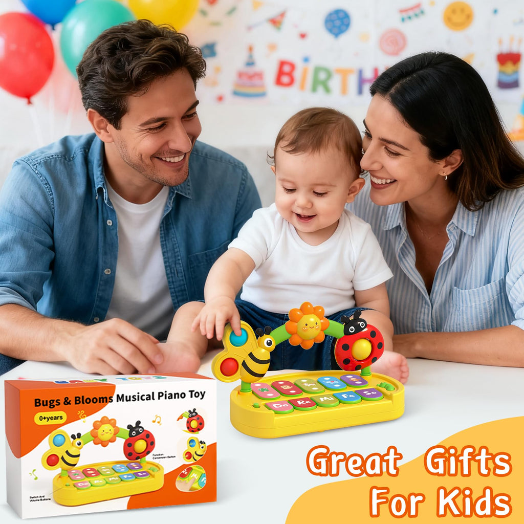 AOOTE early learning toy package contents showing the bright yellow multi sensory keyboard layout