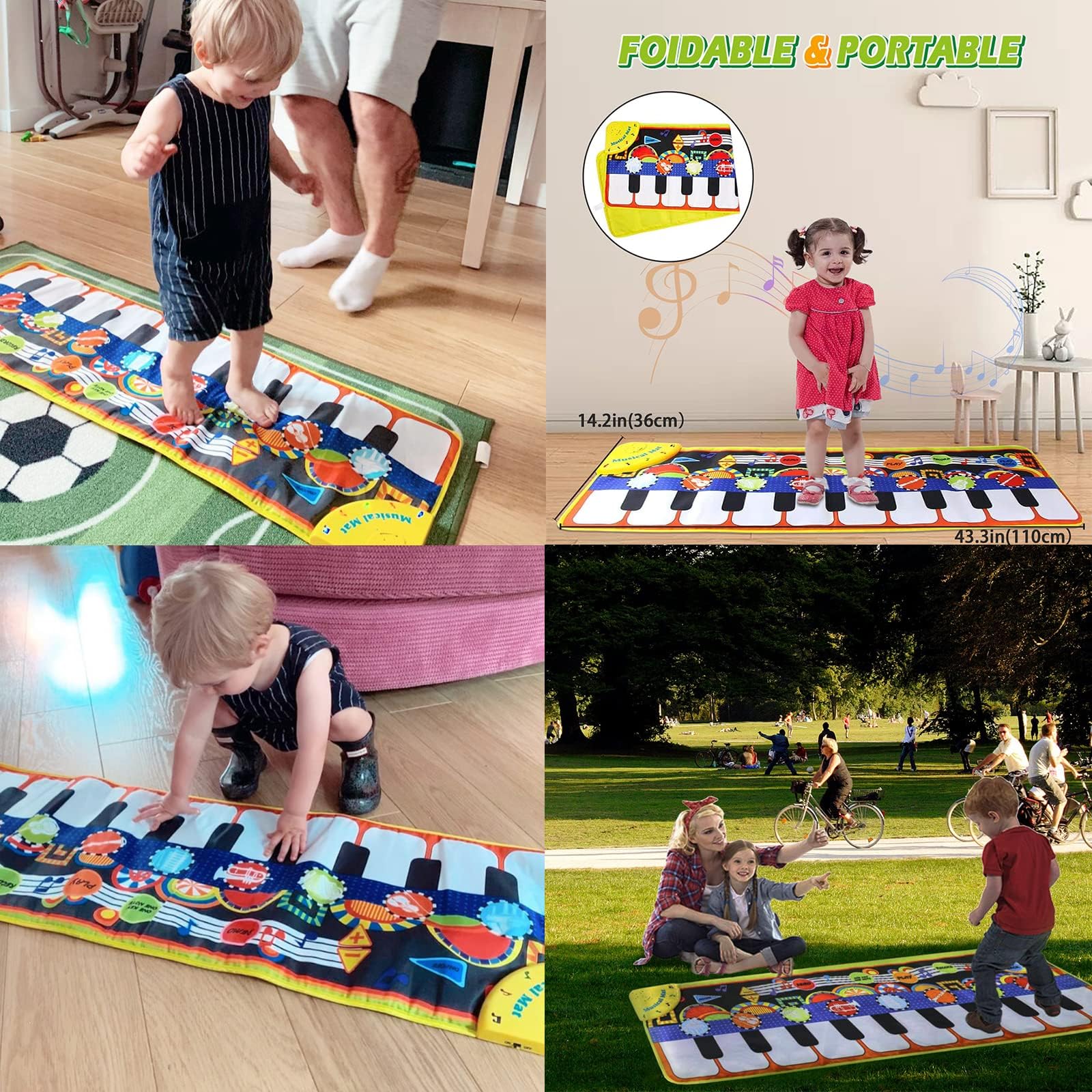 Toddler toy musical playmat showing touch sensitive keys and instrument icons closely