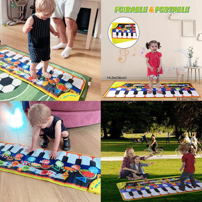Toddler toy musical playmat showing touch sensitive keys and instrument icons closely