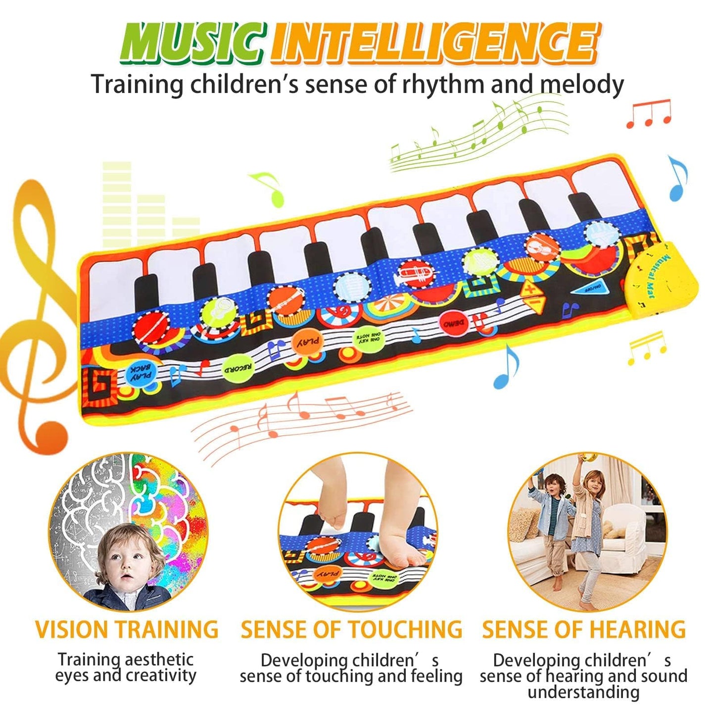 Educational electronic music mat showing instrument selection keys including violin and saxophone