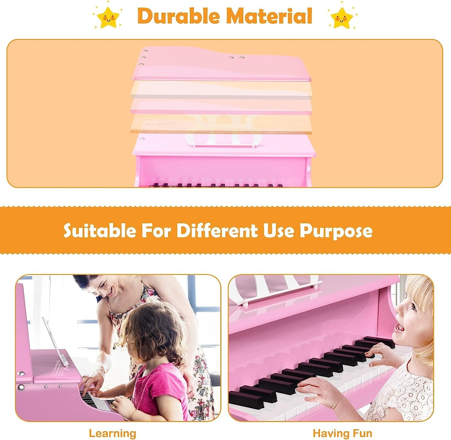Pink mini grand piano for kids with open flip top lid and music rack