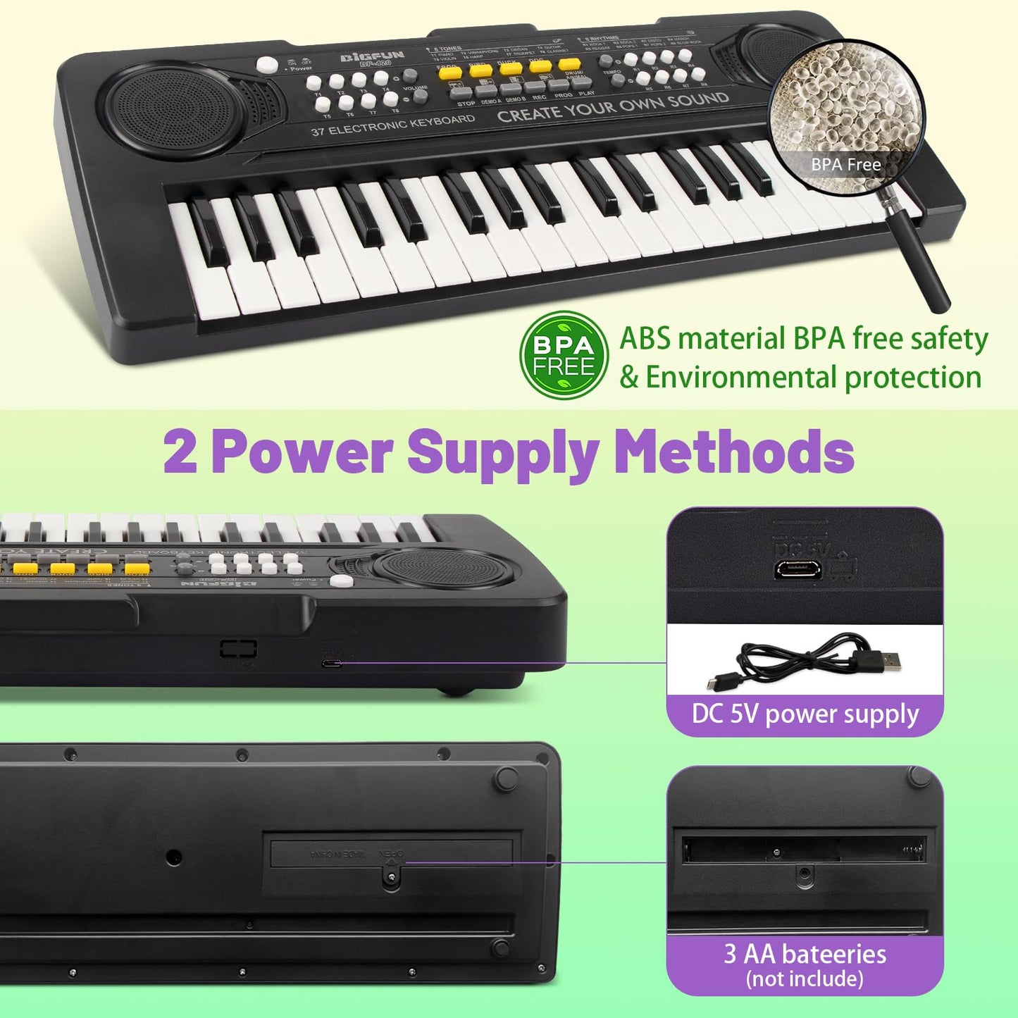 Top view detailing the function buttons for tones rhythms percussions and recording features.