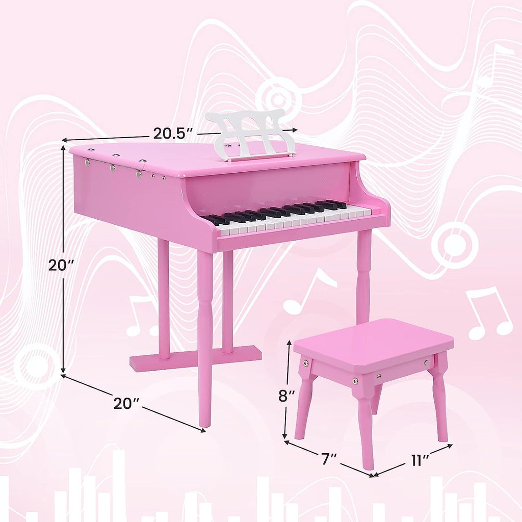 Side profile of pink classical kids wooden toy piano with safety brace