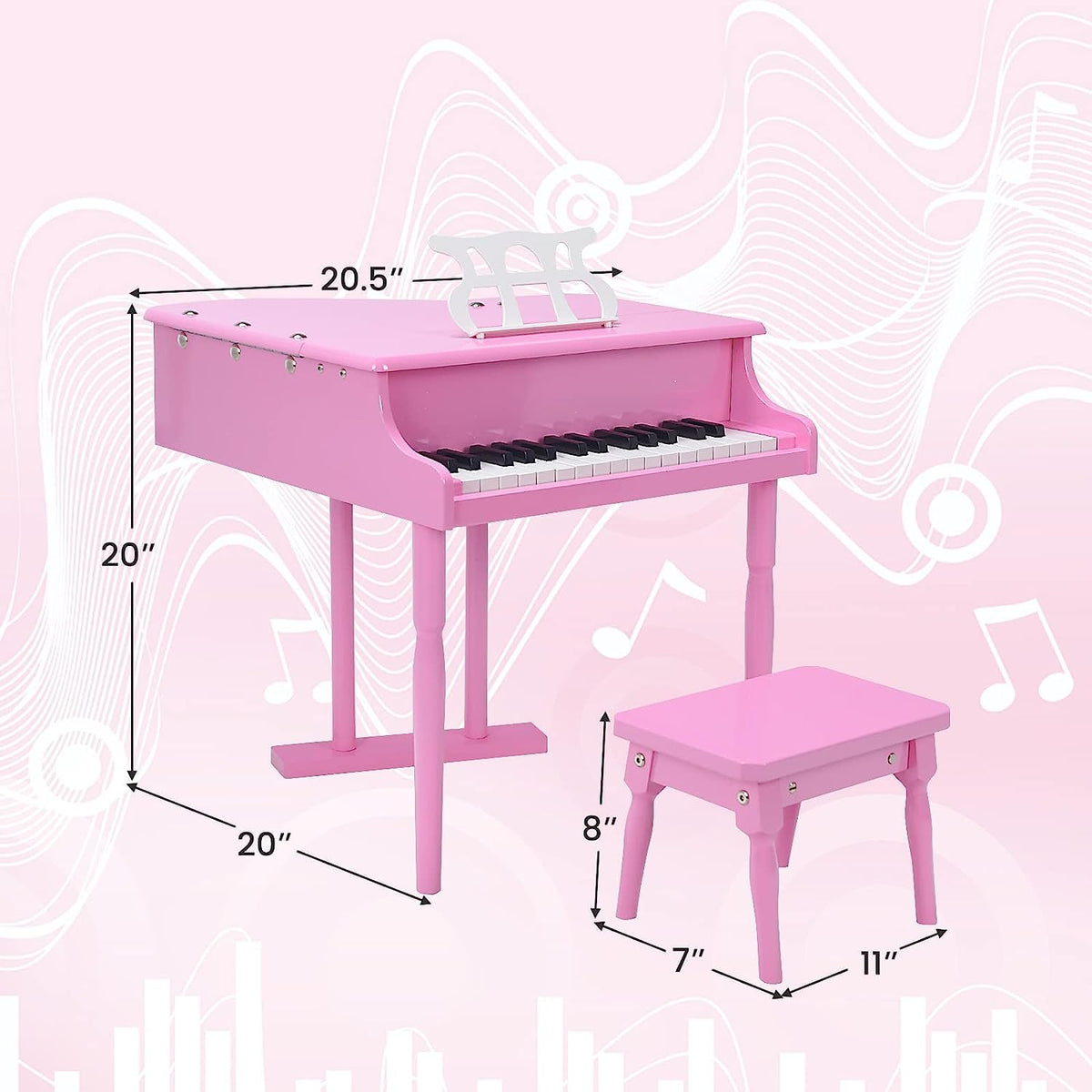 Side profile of pink classical kids wooden toy piano with safety brace