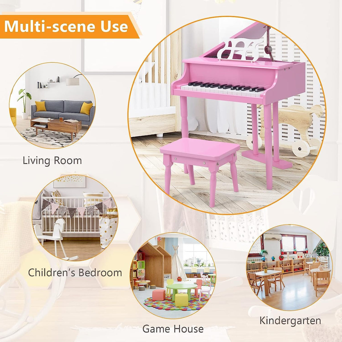 Ages 3 plus pink mini grand piano showing safe rounded edge details