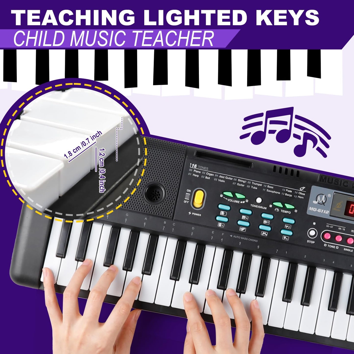 Rear view of the TWFRIC beginner digital instrument showcasing the power input port and battery compartment layout.