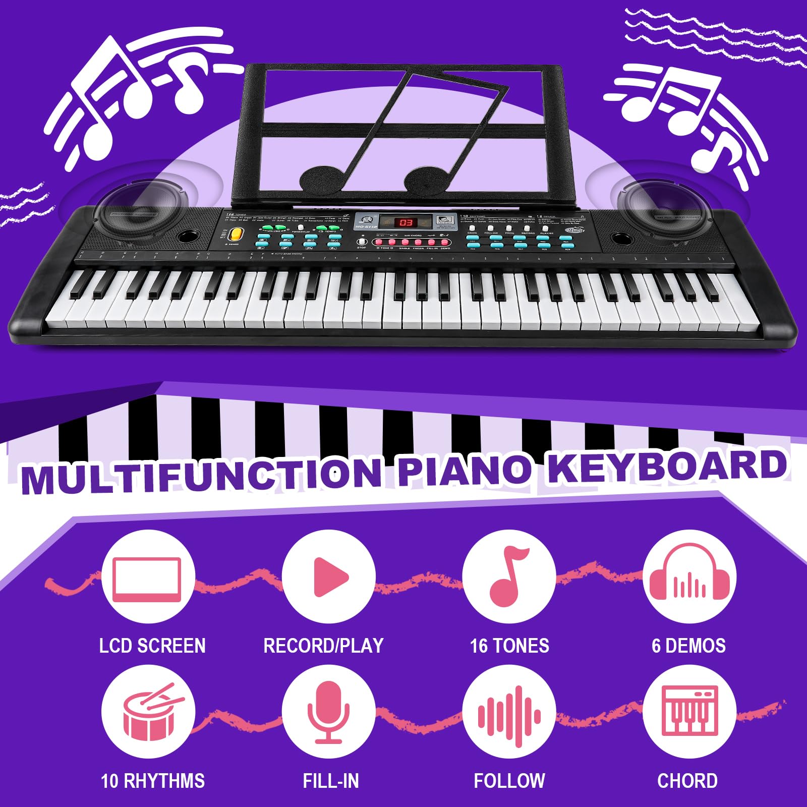 TWFRIC educational electronic piano box packaging highlighting safety certifications and included accessories.