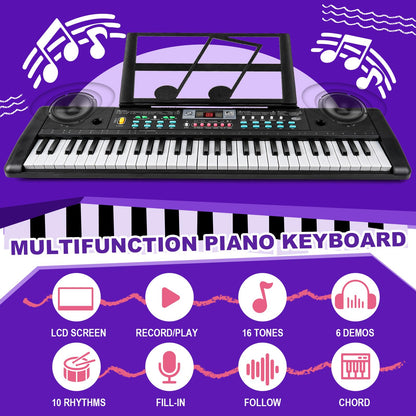 TWFRIC educational electronic piano box packaging highlighting safety certifications and included accessories.