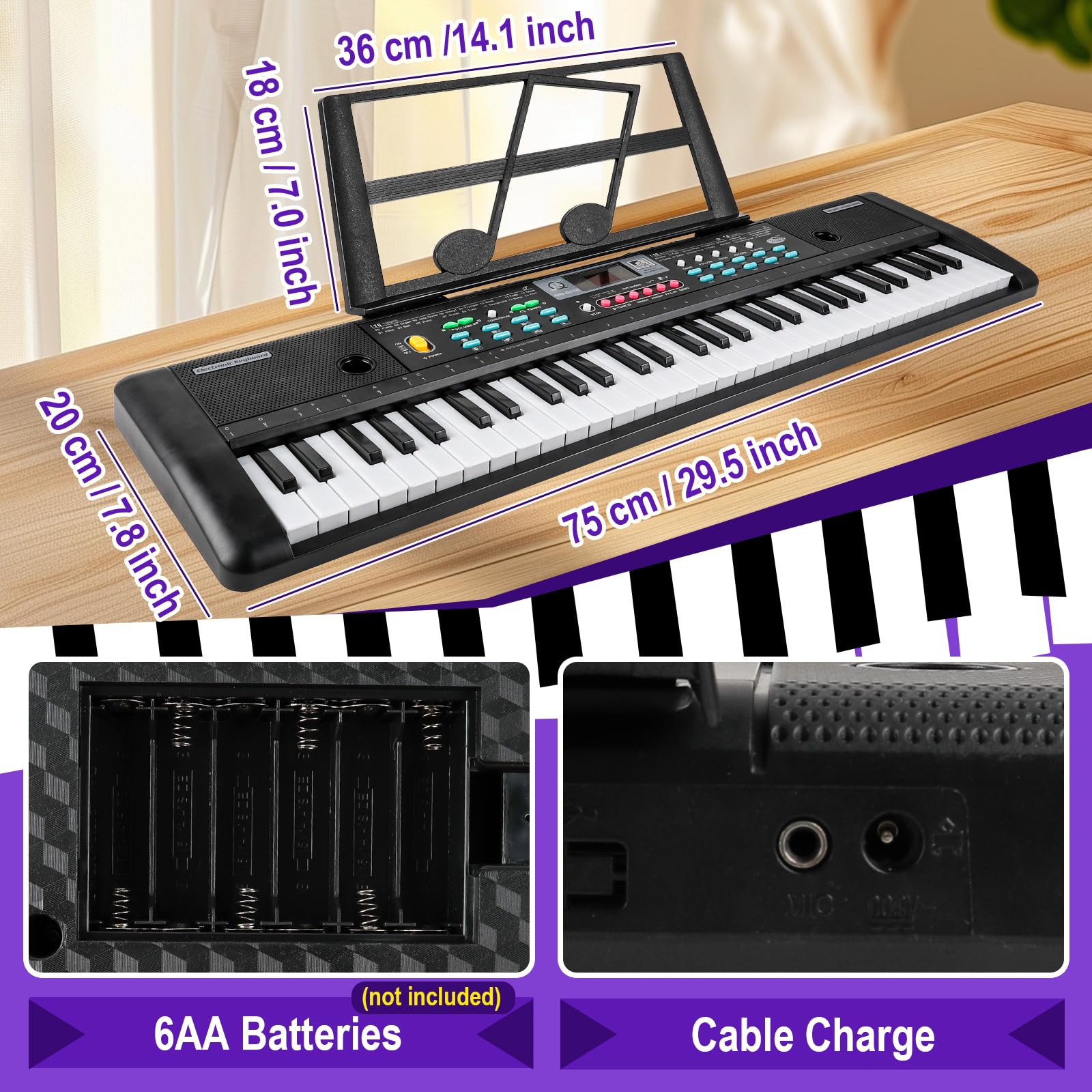 Side view of the lightweight and portable TWFRIC children musical keyboard demonstrating its slim and compact profile.