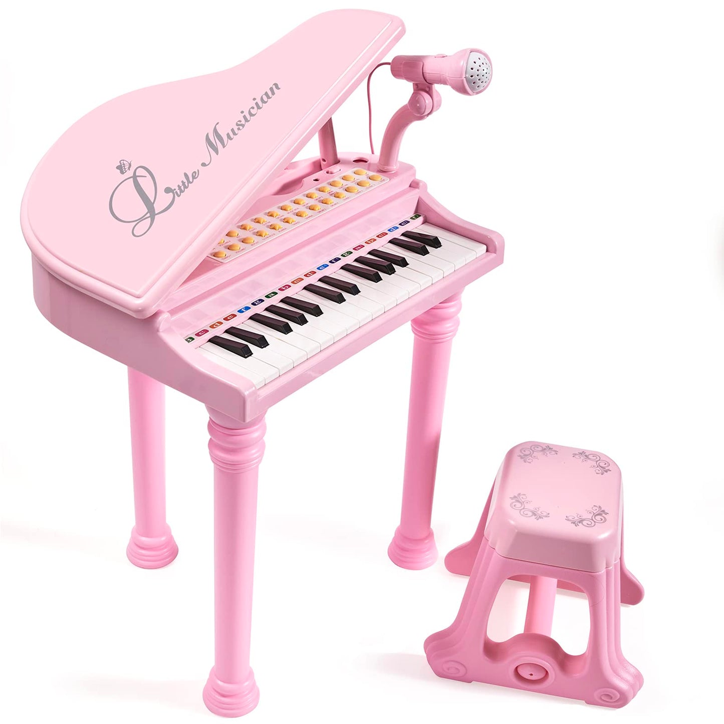 Close up view of the Conomus toddler piano keys highlighting the colorful learning labels and control buttons.