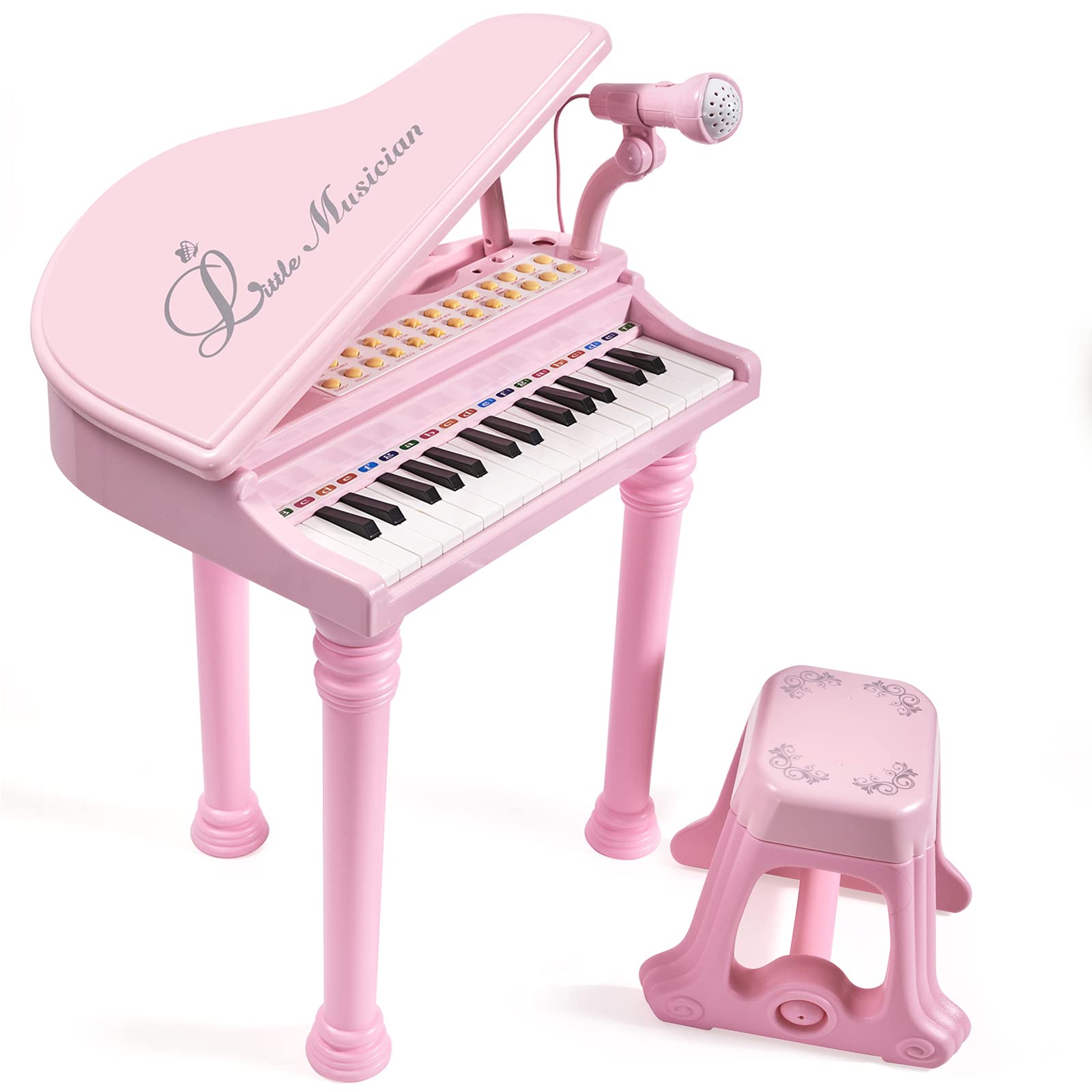 Close up view of the Conomus toddler piano keys highlighting the colorful learning labels and control buttons.