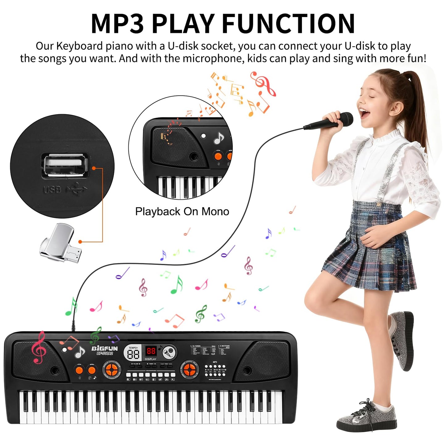 M SANMERSEN kids electronic keyboard with the included wired microphone accessory close up