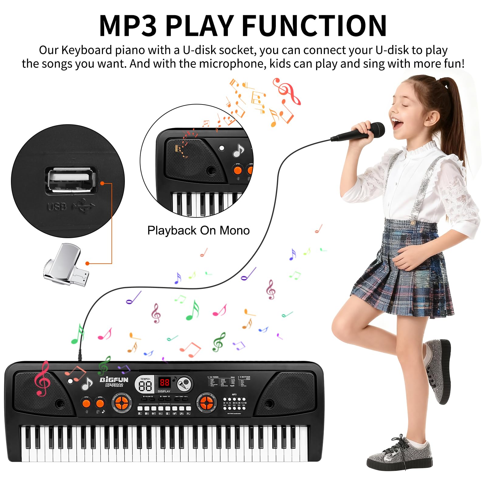 M SANMERSEN kids electronic keyboard with the included wired microphone accessory close up