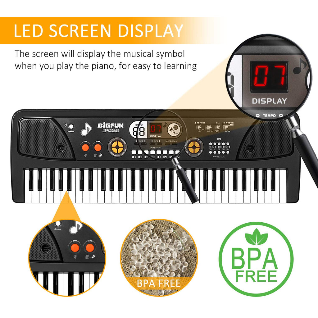 M SANMERSEN 61 key children beginner piano highlighting its sleek lightweight plastic body
