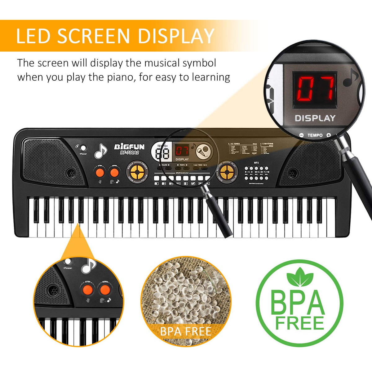 M SANMERSEN 61 key children beginner piano highlighting its sleek lightweight plastic body