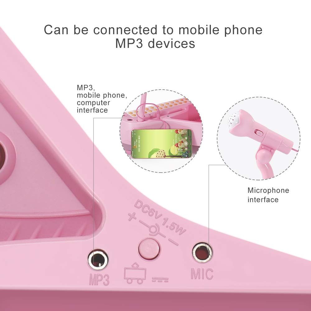 Side perspective of the pink Conomus kids keyboard station showing the durable ABS plastic build and layout.