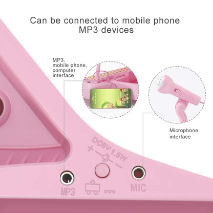 Side perspective of the pink Conomus kids keyboard station showing the durable ABS plastic build and layout.
