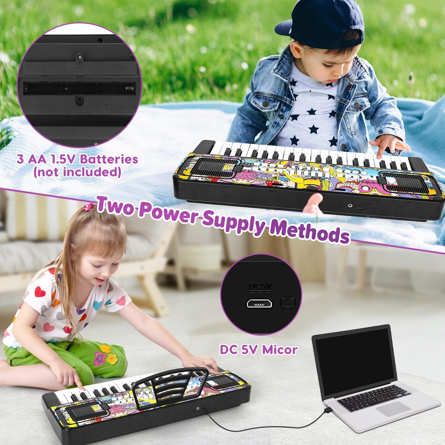 M SANMERSEN 37 key toddler educational keyboard instrument featuring stereo dual speakers