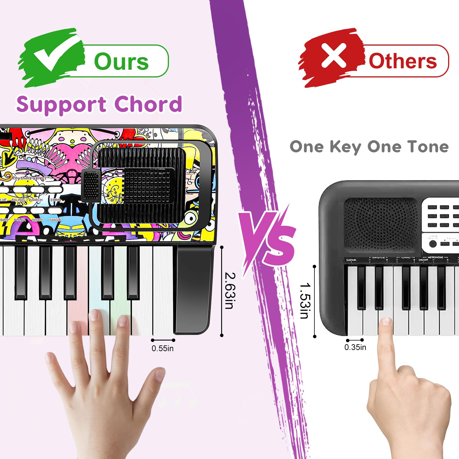 M SANMERSEN kids musical toy piano showing the rear battery compartment and USB port