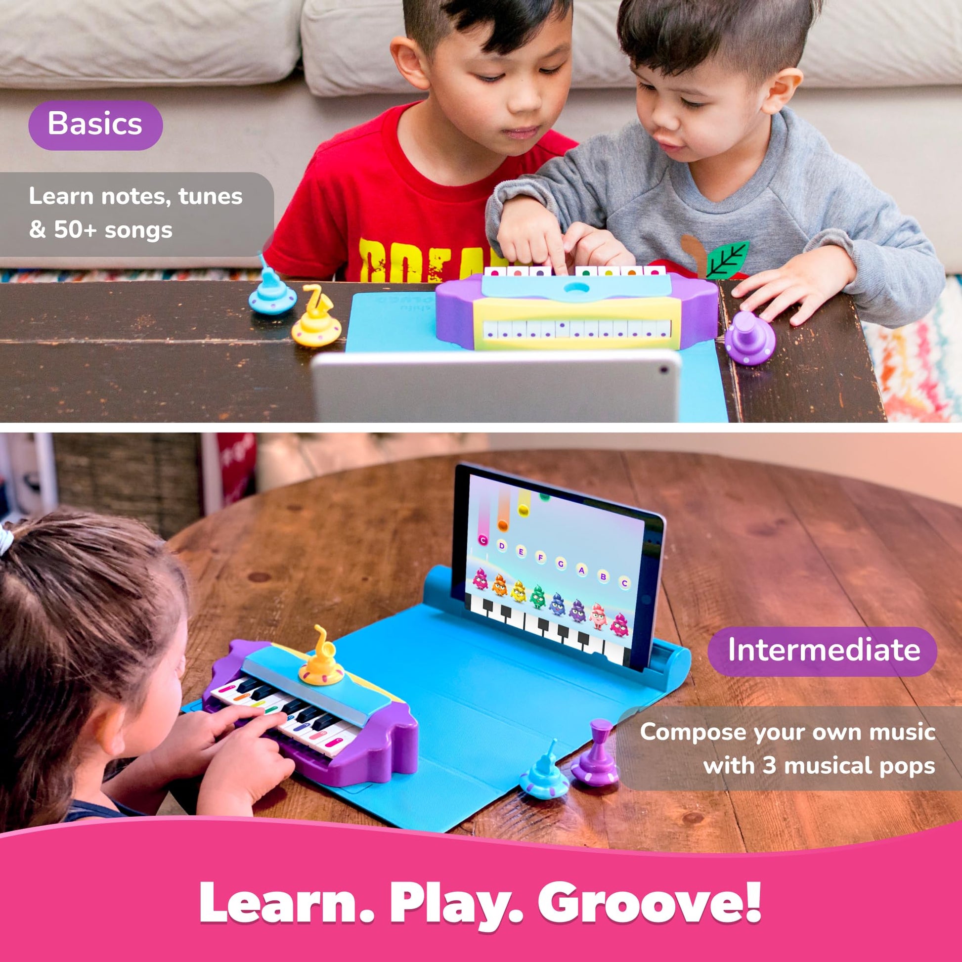Kids AR musical learning toy showing key mapping stickers on the mini piano.