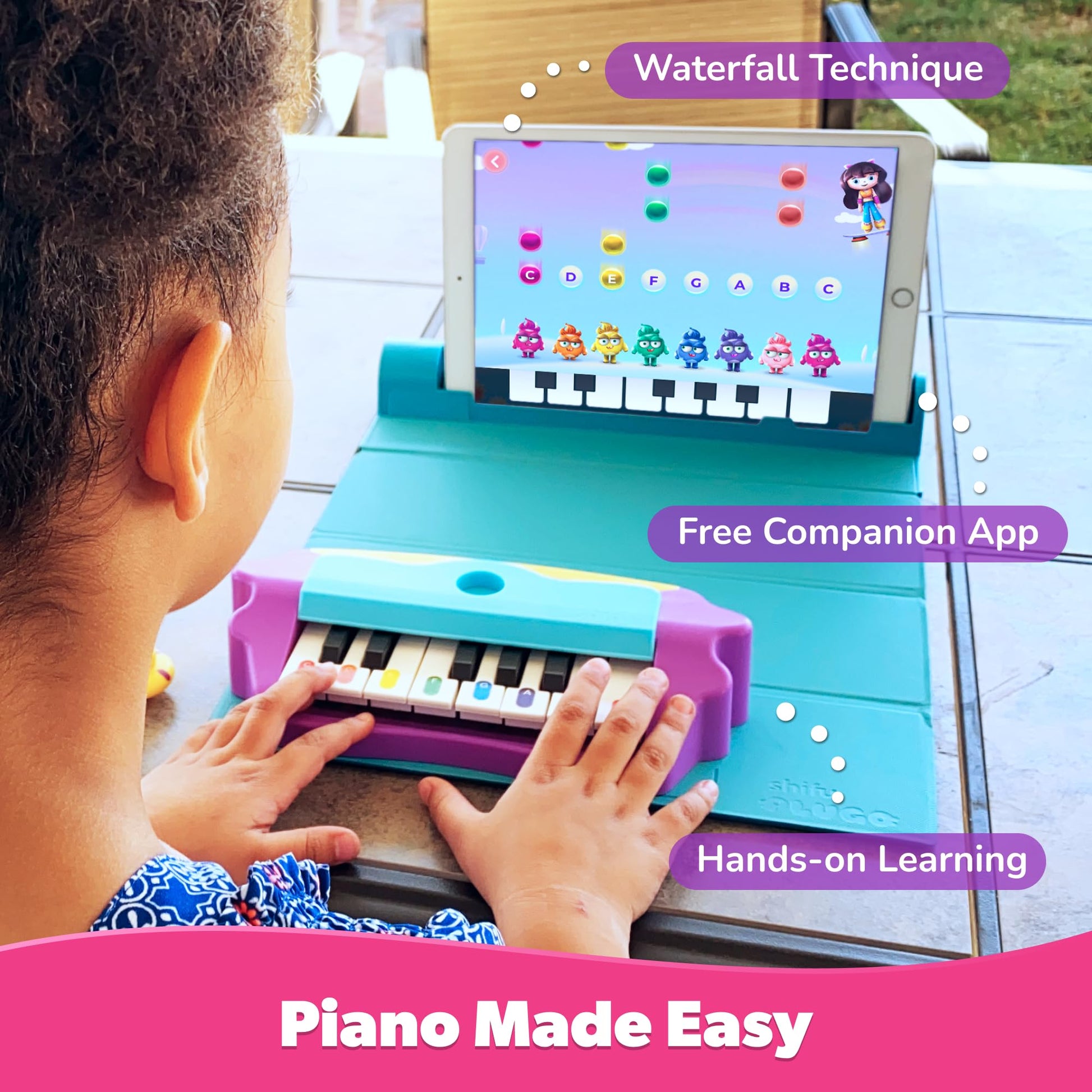 PlayShifu STEM musical toy setup displaying app interface and waterfall note technique.