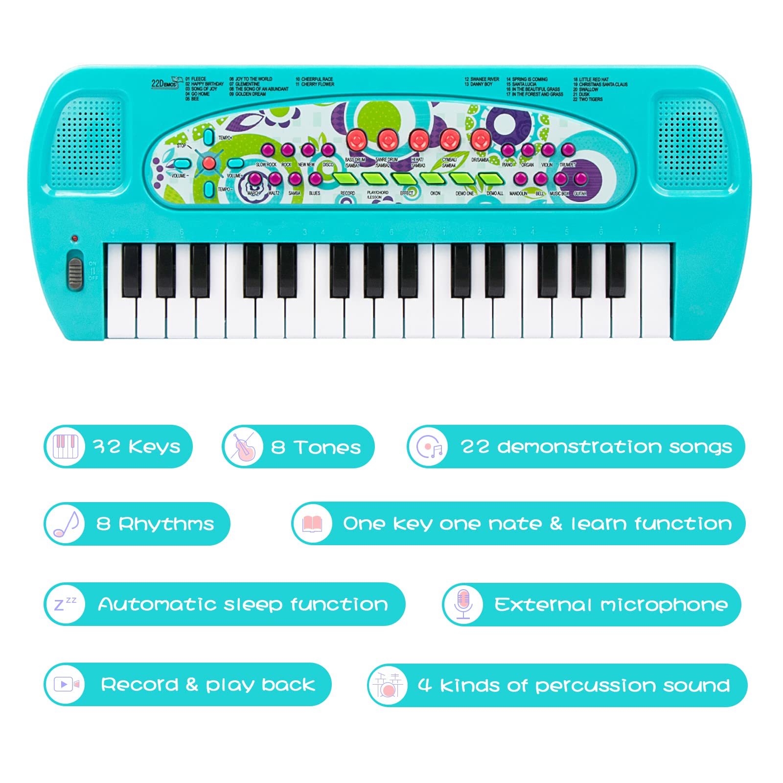 Raimy portable kids piano blue variant with external plug-in microphone accessory
