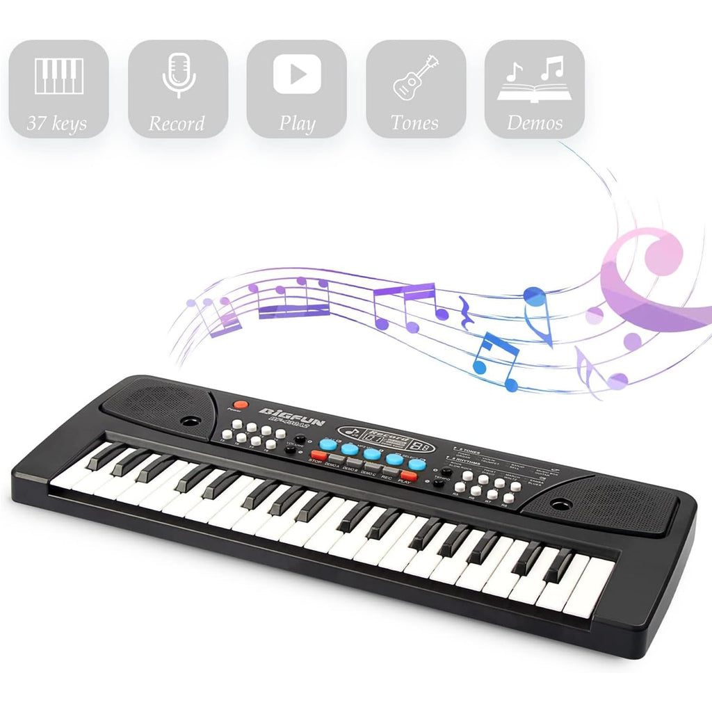 Close up view of the control panel on the LeeQee children musical keyboard highlighting tone and rhythm buttons