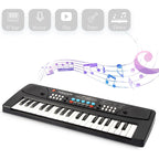 Close up view of the control panel on the LeeQee children musical keyboard highlighting tone and rhythm buttons