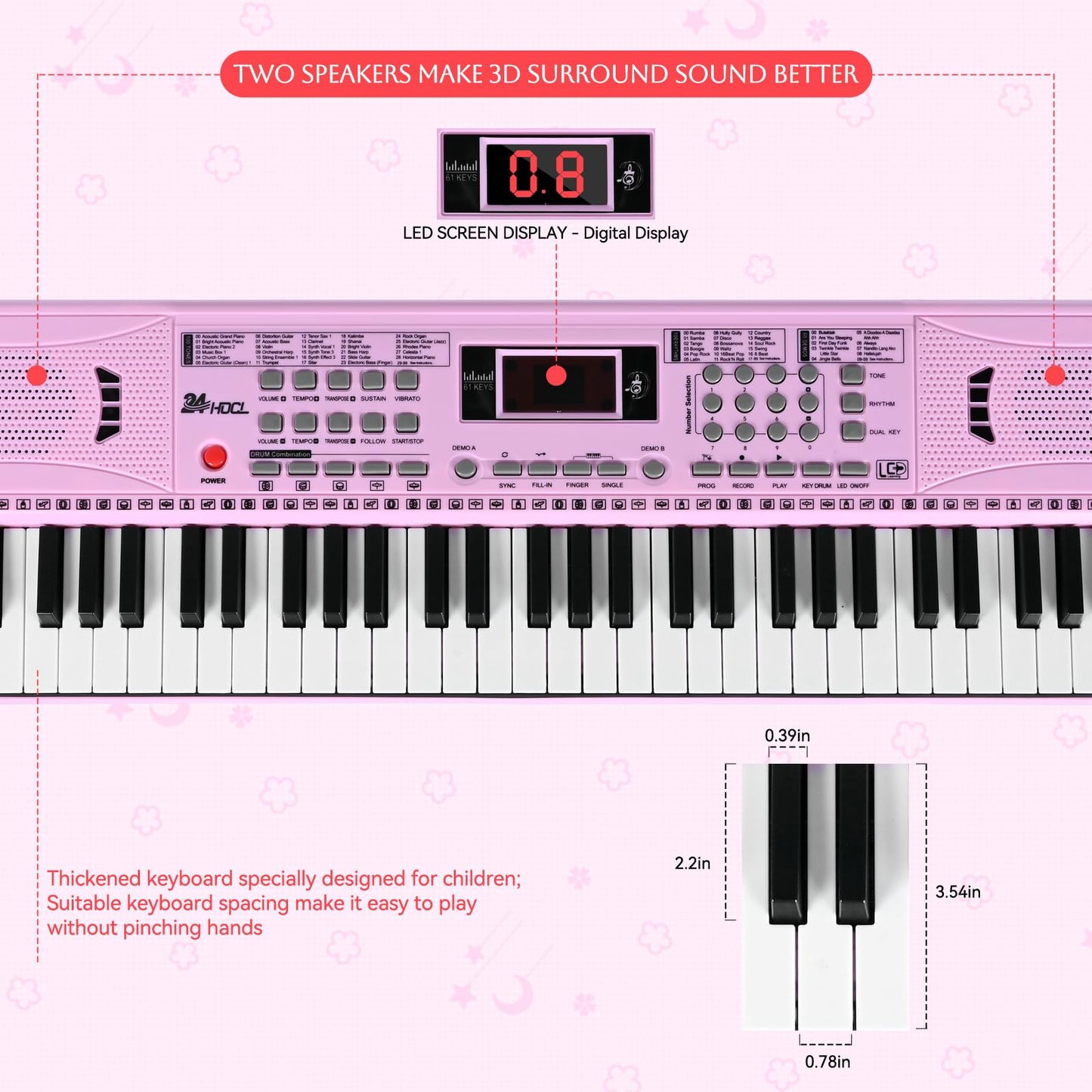 Close up view of the 24HOCL kids digital piano control panel highlighting the tone and rhythm selection buttons.