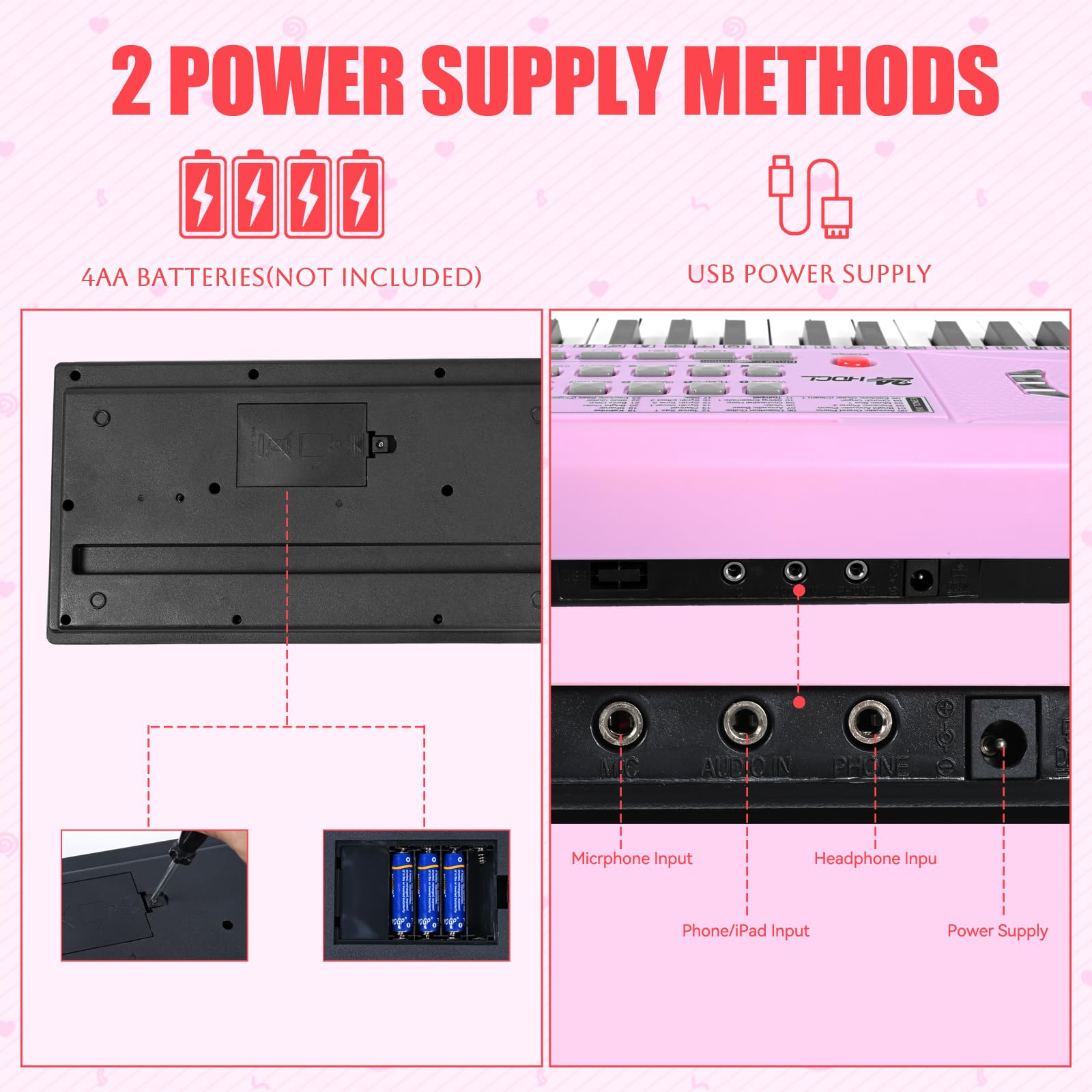 Rear connection ports of the 61 key electronic keyboard showcasing the microphone input and USB power jack.