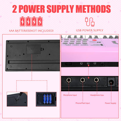 Rear connection ports of the 61 key electronic keyboard showcasing the microphone input and USB power jack.