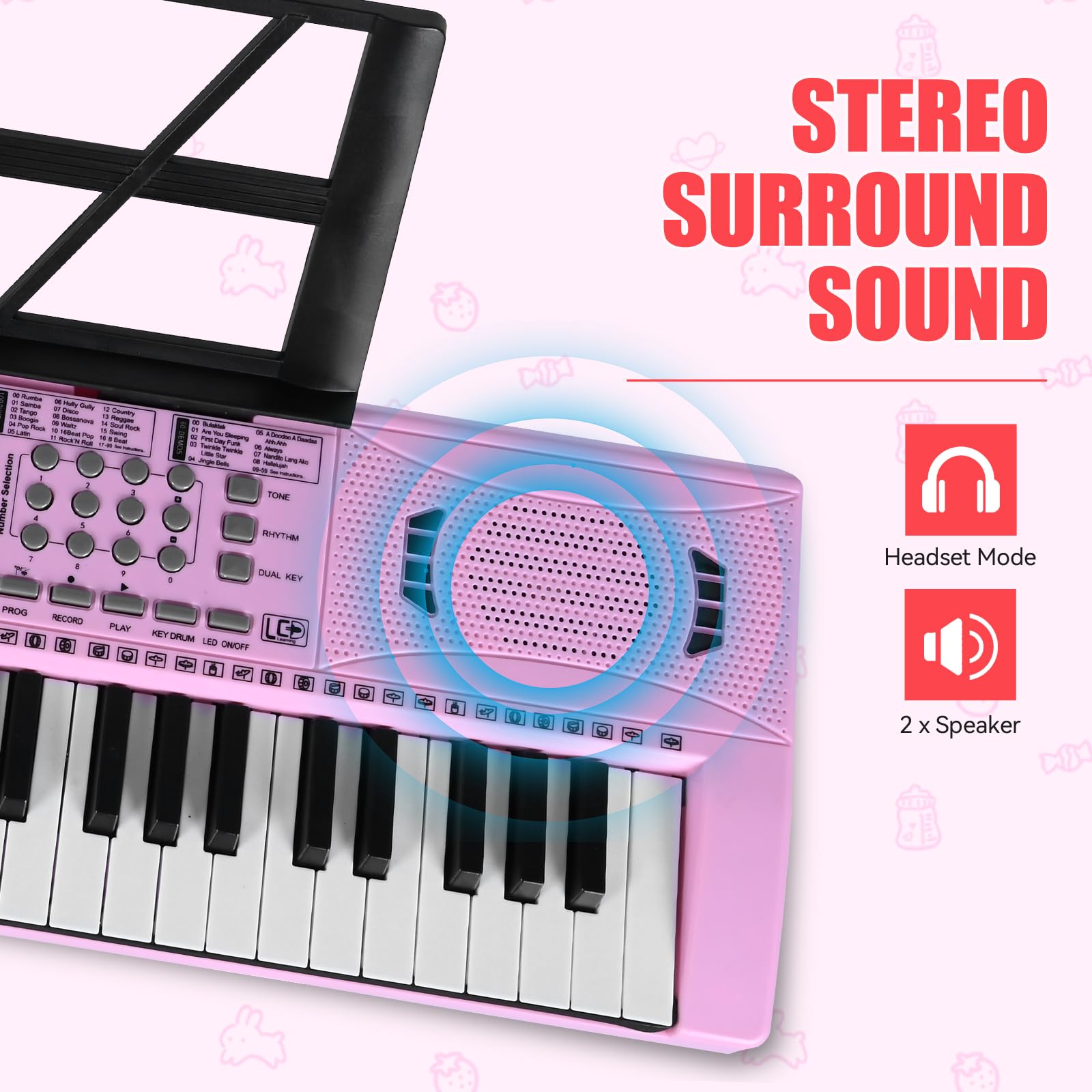 Pink child friendly electric keyboard kit assembled with the attached sheet music stand and included vocal microphone.