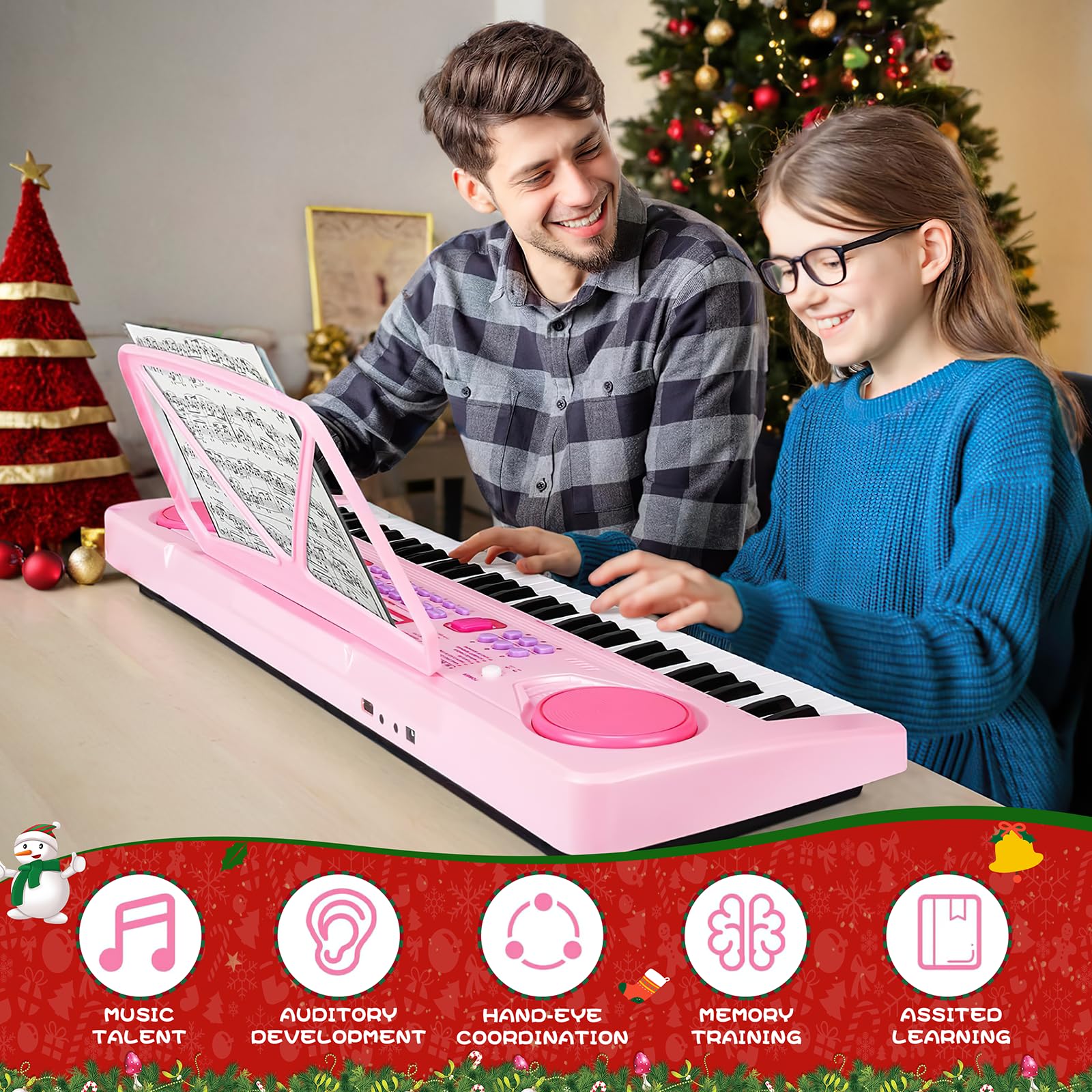 WOSTOO kids educational musical instrument showing 61 keys and control buttons
