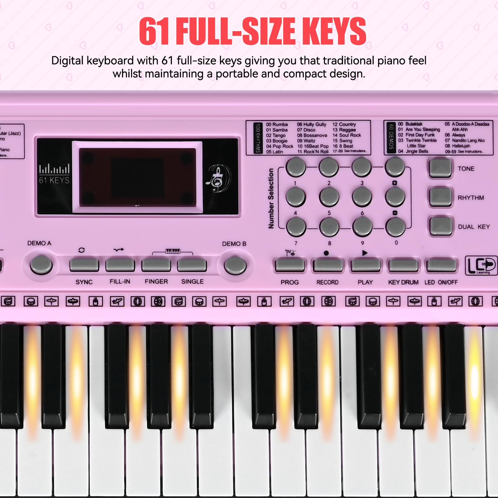 Educational digital piano showing beginner note stickers applied to the 61 light up keys for fast learning.